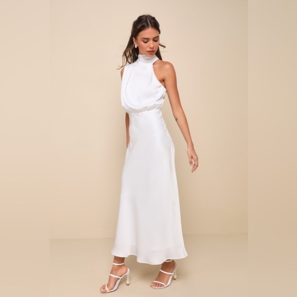 NEW LULUS Distinctive Charm White Satin Asymmetrical Midi Dress SZ XS